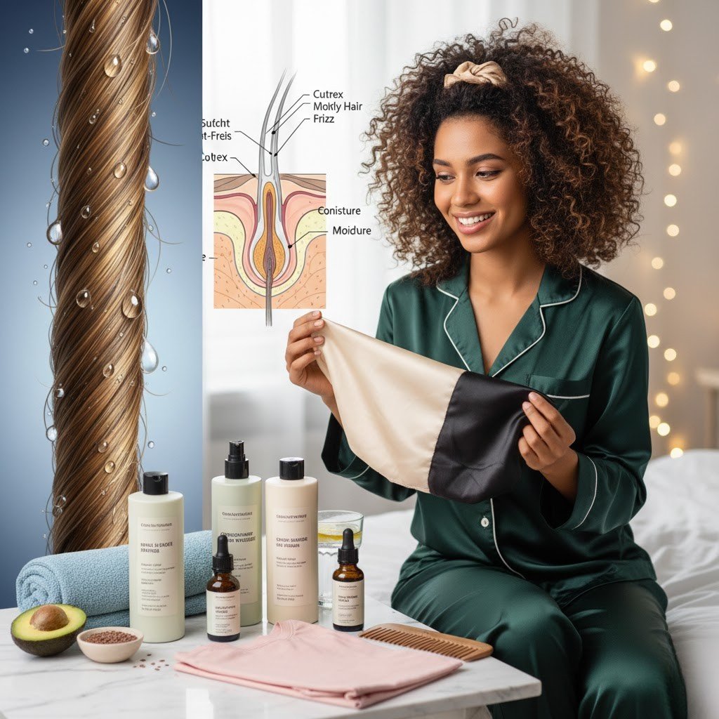 A detailed illustration of curly hair science featuring a hair follicle diagram, silk protection, and essential moisture-locking products.