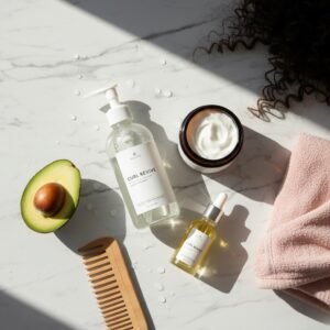 A professional flat lay showing sulfate-free shampoo, creamy conditioner, natural oil, a wide-tooth wooden comb, and a microfiber towel on a marble surface. (Ekhane kono focus keyword bebohar kora hoyni, shudhu image-er bornona deya hoyeche).