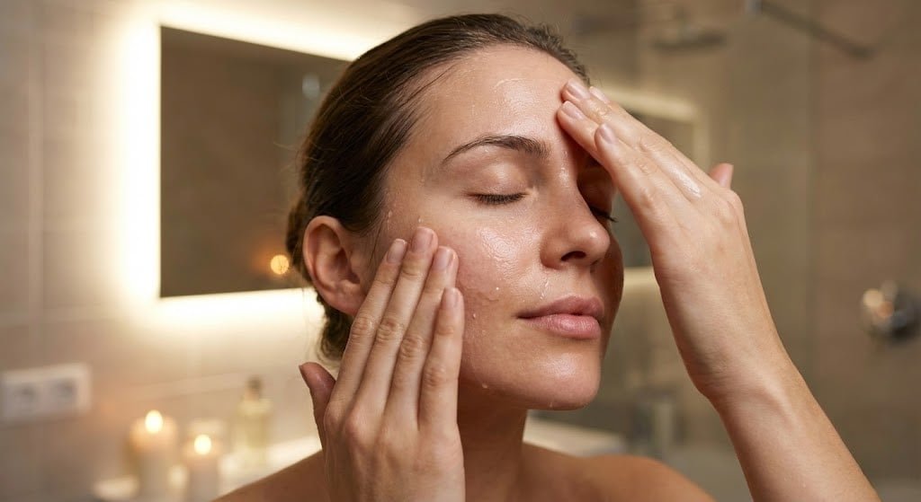 Woman gently massaging coconut oil on face to remove makeup without makeup remover
