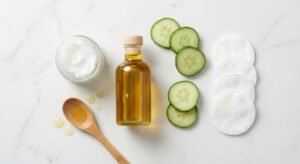 Household items like coconut oil, olive oil, and cucumber used for natural skincare