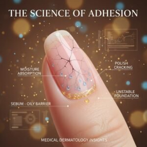 Close-up of a human fingernail showing moisture absorption and polish cracking under a microscope, illustrating dermatological insights on nail adhesion.