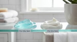 Comparison of skincare textures: a lightweight blue gel for oily skin and a thick white rich cream for dry skin.