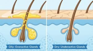 Anatomical illustration of human skin cross-section showing sebaceous gland activity.