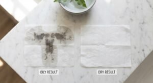 Comparison of two white facial tissues on a marble surface showing different levels of oil absorption.