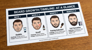 Infographic timeline showing how long does it take to grow a full beard week by week stages