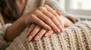 Moisturized hands with glossy nude-pink painted nails gently clasped on a soft beige knitted blanket, showing the final result of a home manicure.