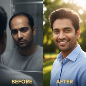 Side-by-side comparison of a man before and after a hair transplant showing successful hair regrowth and increased confidence.