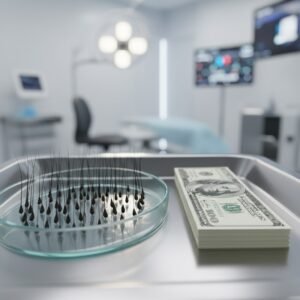Macro shot of hair grafts in a petri dish next to a stack of 100 dollar bills, symbolizing the financial investment in hair transplant surgery.