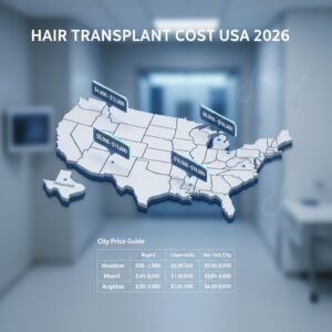 Infographic showing hair transplant cost in major USA cities for 2026 including New York, LA, and Houston.