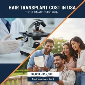 A professional hero image for hair transplant cost in USA 2026 showing a doctor with grafts and a happy group of people with full hair.