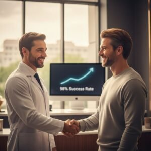 A professional surgeon in a white coat shaking hands with a happy patient in a clinic, with a 98% success rate chart in the background.