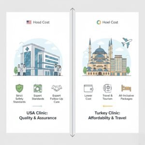 Comparative illustration showing USA hair transplant clinics focused on safety and quality versus Turkey clinics focused on travel and affordability.