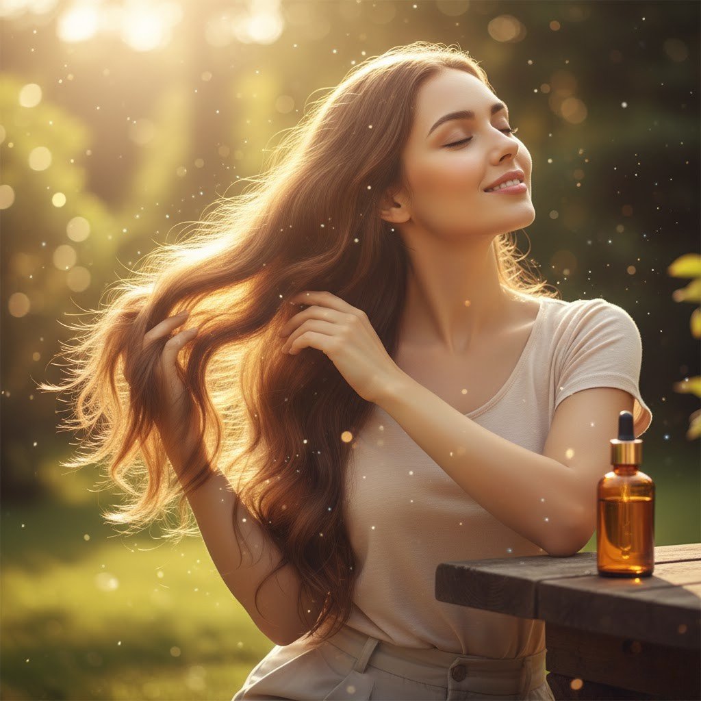 A girl outdoors in sunlight running her fingers through soft, healthy, shiny hair with a hair oil bottle nearby.