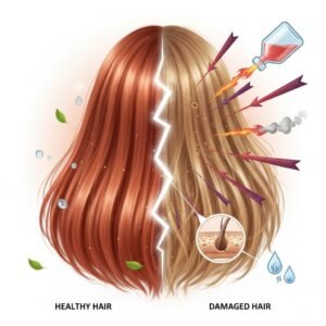 A split-screen visual comparison of smooth textures versus porous and brittle fibers showing chemical impact.