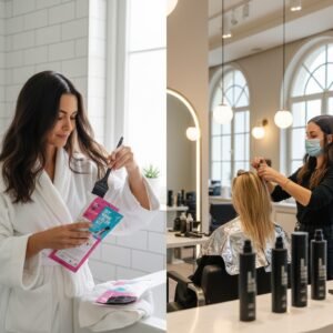 A split photo showing a woman coloring her hair at home with a kit and a professional stylist coloring hair in a modern salon.