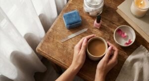 A step-by-step guide on how to do a manicure at home showing a cozy setup with soft pink nails.