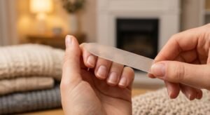Close-up of a person using a glass file to shape natural short nails in one direction for a smooth finish.