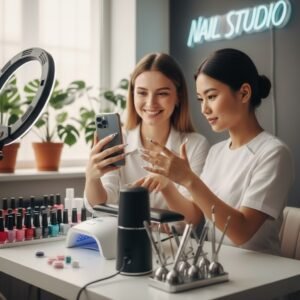 A professional nail technician smiling and working on a customer's hand, demonstrating nail art skills and social interaction.