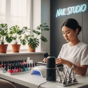A professional student learning how to become a nail tech in a modern, clean studio with professional tools.