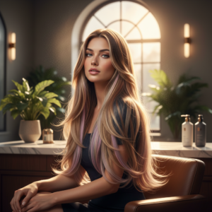 A stunning woman in a modern salon showcasing how often should you color your hair for glossy multi-toned results.