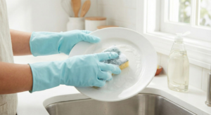 Person wearing blue rubber gloves washing dishes to protect fingernails from water damage