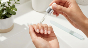 Woman applying cuticle oil with a dropper for healthy finger nails at home