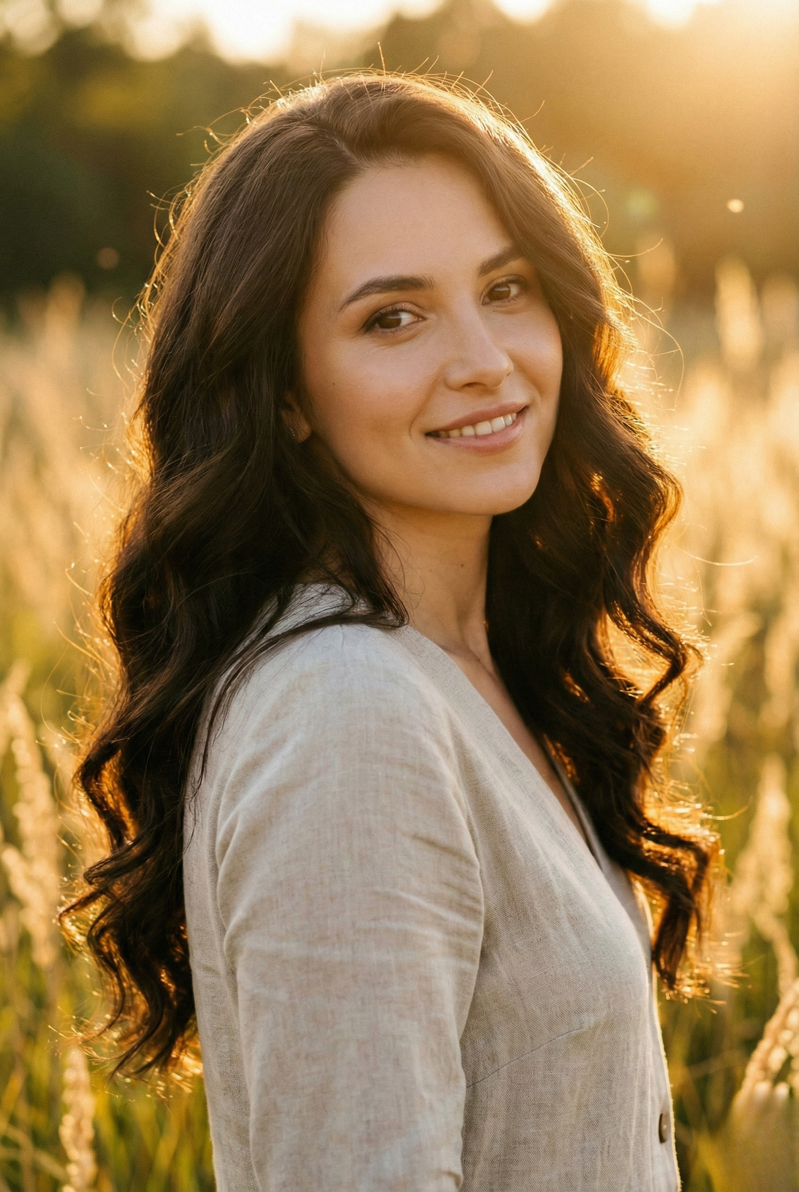 Woman with healthy shiny wavy hair outdoors after repairing damage