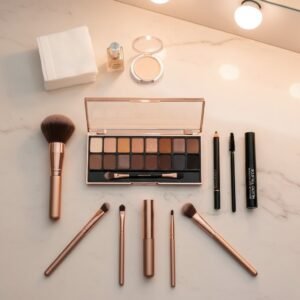 High-quality makeup brushes, dark eyeshadow palette, and blending tools on a clean surface.