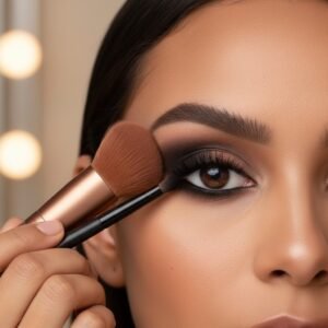 Close-up of a model with perfectly blended brown and black eyeshadow and sharp winged eyeliner.