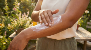 Applying sunscreen lotion for skin protection.