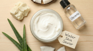 Natural ingredients for DIY winter body lotion including aloe vera, glycerin, and coconut oil