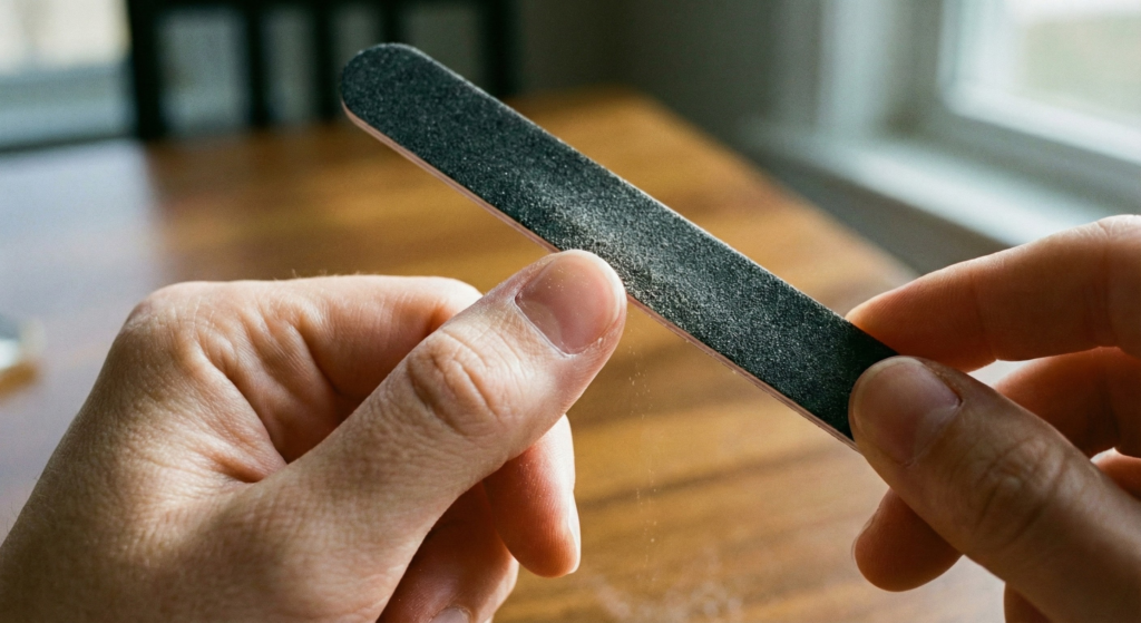 Close up of filing fingernails gently with an emery board in one direction to ensure smooth edges.