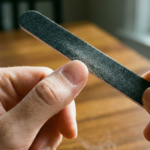 Close up of filing fingernails gently with an emery board in one direction to ensure smooth edges.