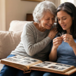Older and younger woman looking at photo album representing genetics and aging causes of gray hair