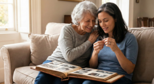 Older and younger woman looking at photo album representing genetics and aging causes of gray hair