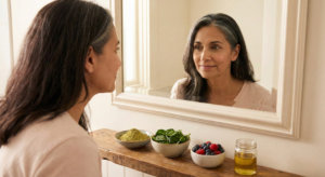 Woman looking in mirror with natural diet and remedies to get rid of gray hair