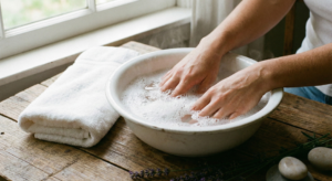 Soaking hands in warm soapy water to soften nails, the first step of how to cut fingernails properly.