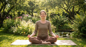 Woman practicing yoga and meditation outdoors for relaxation.
