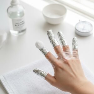 A person’s hand with fingers wrapped in aluminum foil and plastic wrap for gel polish removal, with an acetone bottle and timer nearby.