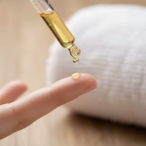 A close-up of a glass dropper applying a golden drop of nourishing cuticle oil to a healthy natural nail for hydration.