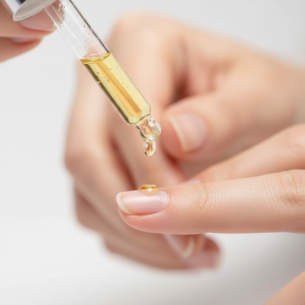 Close-up of a glass dropper applying a golden drop of oil to a fingernail with a hand massaging in the background.