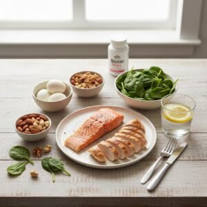 Healthy foods and proteins like eggs and salmon for hair health.
