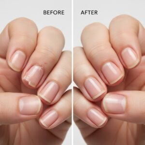 A split-screen comparison showing dry, cracked cuticles on the left and healthy, hydrated, shiny nails after using cuticle oil on the right.