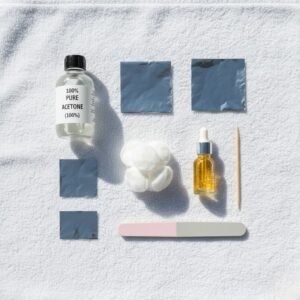 A top-down flat lay of gel nail polish removal supplies including acetone, cotton balls, foil, nail file, and cuticle oil on a white towel.
