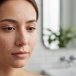 A close-up of a young woman showing dry skin on face with peeling patches and rough spots.
