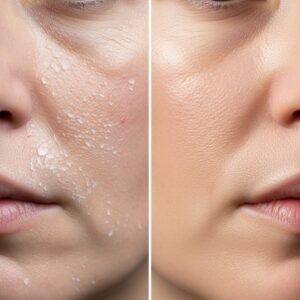 Comparison of dry skin on face before and after using a hydrating moisturizer.