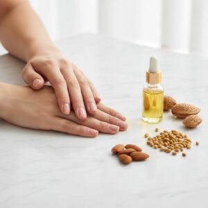 A person applying cuticle oil from an amber dropper bottle onto healthy nails on a white marble surface.