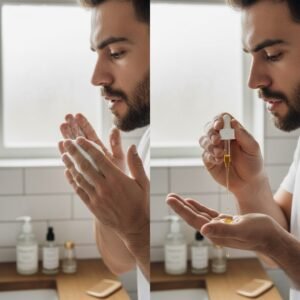 Man applying beard oil and cleaning his face for better grooming.