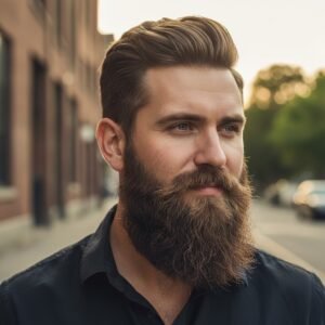 Confident man with a perfectly groomed full beard posing outdoors.