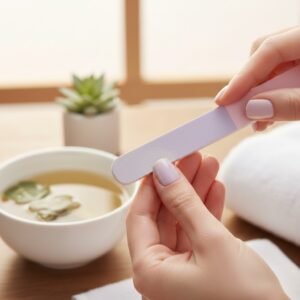 A professional demonstration of how to remove gel nail polish at home by filing the top coat to prevent nail damage.